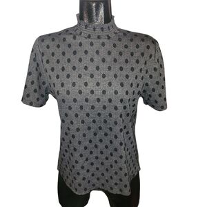 Suzy Shier Black and Gray Polka Dot Short Sleeve Top L